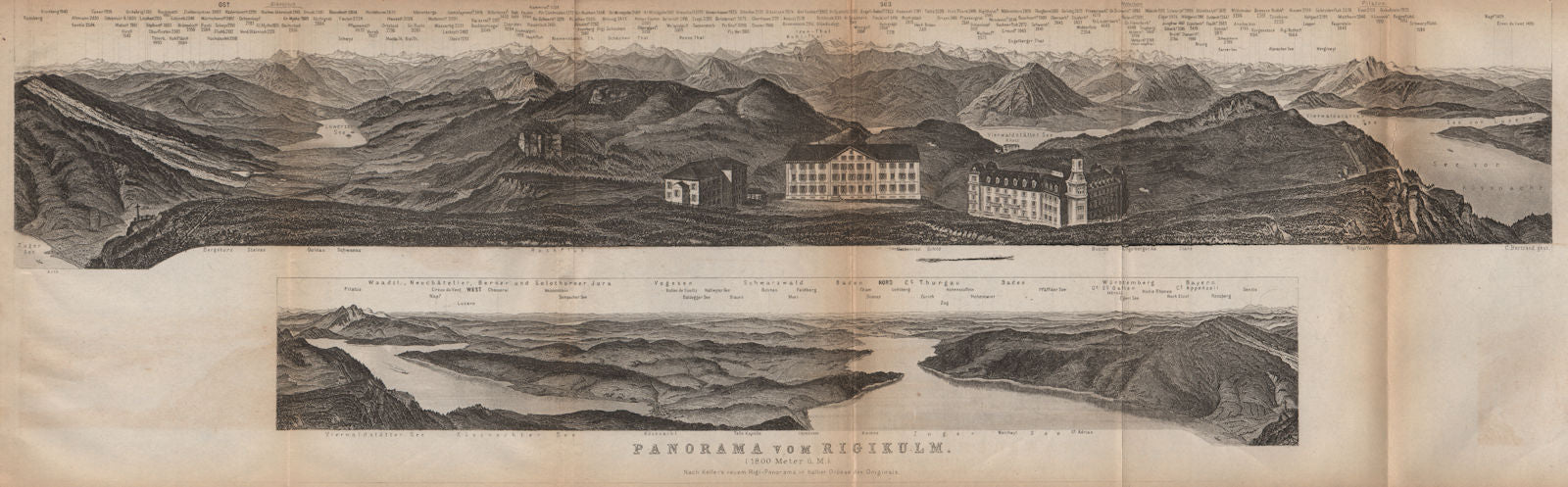 PANORAMA from/von RIGIKULM 1800m. Küssnacht. Switzerland Schweiz 1899 old map